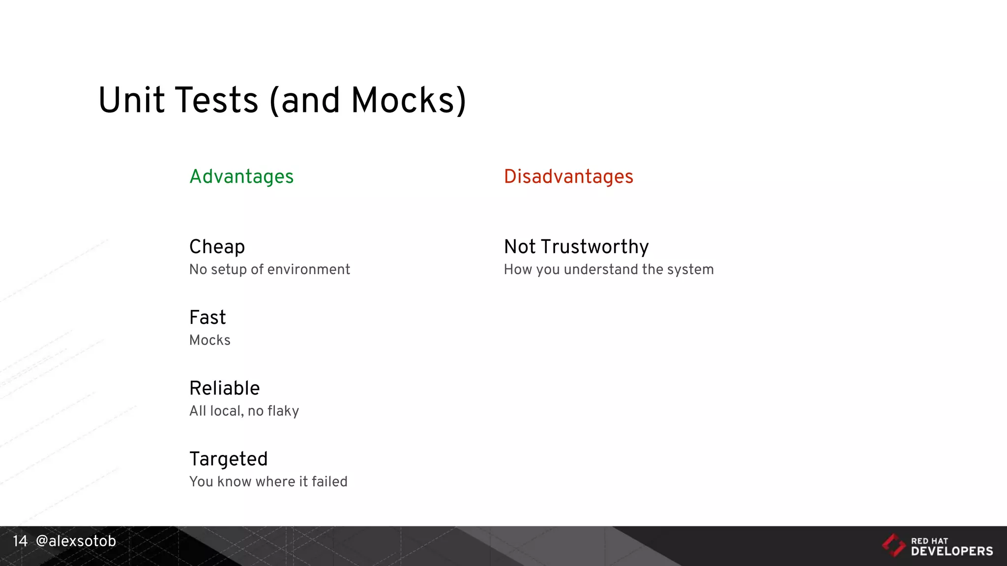 @alexsotob
Advantages Disadvantages
Unit Tests (and Mocks)
14
Cheap
No setup of environment
Fast
Mocks
Reliable
All local, no ﬂaky
Not Trustworthy
How you understand the system
Targeted
You know where it failed
 
