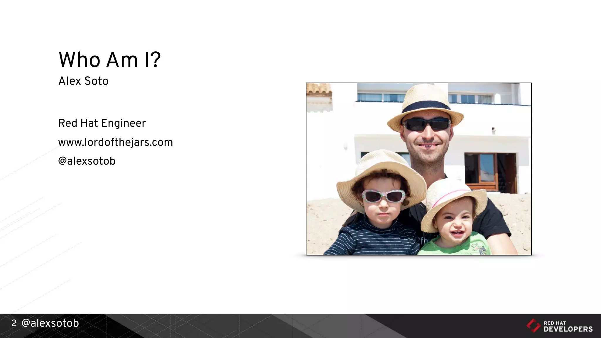 @alexsotob2
Alex Soto
Red Hat Engineer
www.lordofthejars.com
@alexsotob
Who Am I?
 