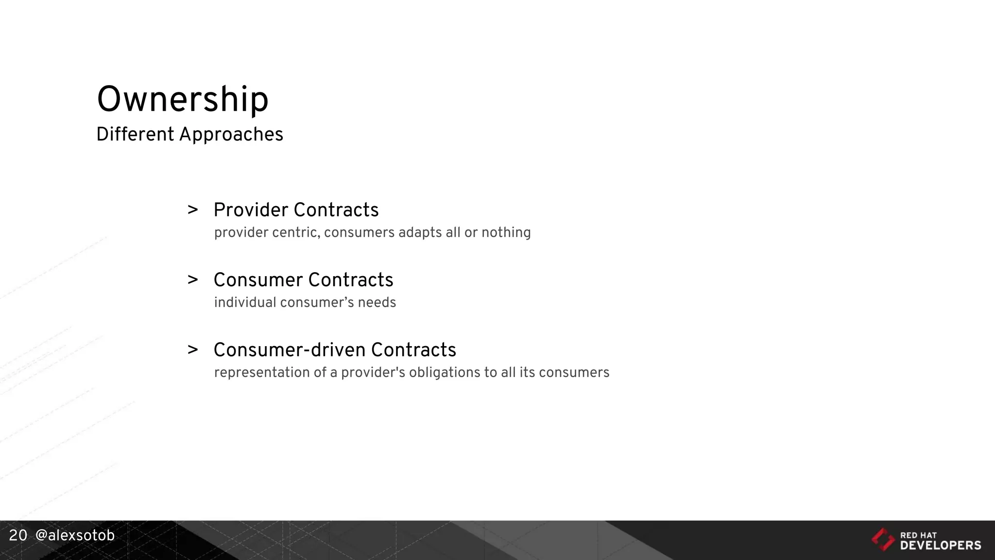 @alexsotob
> Provider Contracts
provider centric, consumers adapts all or nothing
> Consumer Contracts
individual consumer’s needs
> Consumer-driven Contracts
representation of a provider's obligations to all its consumers
Ownership
Different Approaches
20
 