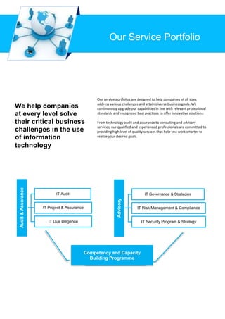 We help companies
at every level solve
their critical business
challenges in the use
of information
technology
Our service portfolios are designed to help companies of all sizes
address various challenges and attain diverse business goals. We
continuously upgrade our capabilities in line with relevant professional
standards and recognized best practices to offer innovative solutions.
From technology audit and assurance to consulting and advisory
services; our qualified and experienced professionals are committed to
providing high level of quality services that help you work smarter to
realize your desired goals.
Competency and Capacity
Building Programme
Our Service Portfolio
 