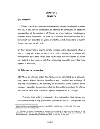 CHAPTER V
                                                 PENALTY
      5
          [20. Offences.


      (1) Without prejudice to any award of penalty by the adjudicating officer under
      this Act, if any person contravenes or attempts to contravene or abets the
      contravention of the provisions of this Act or of any rules or regulations or
      bye-laws made thereunder, he shall be punishable with imprisonment for a
      term which may extend to ten years, or with fine, which may extend to twenty-
      five crore rupees, or with both.


      (2) If any person fails to pay the penalty imposed by the adjudicating officer or
      fails to comply with any of his directions or orders, he shall be punishable with
      imprisonment for a term which shall not be less than one month but which
      may extend to ten years, or with fine, which may extend to twenty-five crore
      rupees, or with both.]


      21. Offences by companies.


      (1) Where an offence under this Act has been committed by a company,
      every person who at the time the offence was committed was in charge of,
      and was responsible to, the company for the conduct of the business of the
      company, as well as the company, shall be deemed to be guilty of the offence
      and shall be liable to be proceeded against and punished accordingly:


              Provided that nothing contained in this sub-section shall render any
      such person liable to any punishment provided in this Act, if he proves that

5
 Substituted by Securities Laws (Amendment) Act, 2005 (1 of 2005), w.e.f. 12-10- 2004. Prior to its
substitution Section 20 read as under:

    “20. Offences- Whoever contravenes or attempts to contravene or abets the contravention of the
    provisions of this Act or any regulations or bye-laws made thereunder shall be punishable with
    imprisonment for a term which may extend to five years, or with fine, or with both.”




                                                18 of 36
 