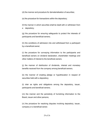 (d) the manner and procedure for dematerialisation of securities;


(e) the procedure for transactions within the depository;


(f) the manner in which securities shall be dealt with or withdrawn from
a   depository;

(g) the procedure for ensuring safeguards to protect the interests of
participants and beneficial owners;


(h) the conditions of admission into and withdrawal from a participant
by a beneficial owner;


(i) the procedure for conveying information to the participants and
beneficial owners on dividend declaration, shareholder meetings and
other matters of interest to the beneficial owners;


(j) the manner of distribution of dividends, interest and monetary
benefits received from the company among beneficial owners;


(k) the manner of creating pledge or hypothecation in respect of
securities held with a depository;


(l) inter se rights and obligations among the depository, issuer,
participants and beneficial owners;


(m) the manner and the periodicity of furnishing information to the
Board, issuer and other persons;


(n) the procedure for resolving disputes involving depository, issuer,
company or a beneficial owner;



                           29 of 36
 