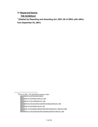 31. Repeal and Saving
       THE SCHEDULE
1
    (Deleted by Repealing and Amending Act, 2001 (30 of 2001) with effect
from September 03, 2001)




1
    Prior to this, THE SCHEDULE read as under-
      AMENDMENTS TO CERTAIN ENACTMENTS
      PART I
      AMENDMENT TO THE INDIAN STAMP ACT, 1899
      PART II
      AMENDMENTS TO THE COMPANIES ACT, 1956
      PART III
      AMENDMENTS TO THE SECURITIES CONTRACTS (REGULATION) ACT, 1956
      PART IV
      AMENDMENT TO THE INCOME-TAX ACT, 1961
      PART V
      AMENDMENT TO THE BENAMI TRANSACTIONS (PRO HIBITION) ACT, 1988 (45 OF 1988)
      PART VI
      AMENDMENTS TO THE SECURITIES AND EXCHANGE BOARD OF INDIA ACT, 1992




                                               3 of 36
 