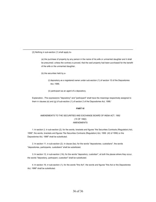 (2) Nothing in sub-section (1) shall apply to-


               (a) the purchase of property by any person in the name of his wife or unmarried daughter and it shall
               be presumed, unless the contrary is proved, that the said property had been purchased for the benefit
               of the wife or the unmarried daughter;


               (b) the securities held by a-


                       (i) depository as a registered owner under sub-section (1) of section 10 of the Depositories
                          Act, 1996;


                       (ii) participant as an agent of a depository.


     Explanation. -The expressions "depository" and "participant" shall have the meanings respectively assigned to
     them in clauses (e) and (g) of sub-section (1) of section 2 of the Depositories Act, 1996.'


                                                         PART VI


              AMENDMENTS TO THE SECURITIES AND EXCHANGE BOARD OF INDIA ACT, 1992
                                                       (15 OF 1992)
                                                      AMENDMENTS


     1. In section 2, in sub-section (2), for the words, brackets and figures "the Securities Contracts (Regulation) Act,
1956", the words, brackets and figures "the Securities Contracts (Regulation) Act, 1956 (42 of 1956) or the
Depositories Act, 1996" shall be substituted.


     2. In section 11, in sub-section (2), in clause (ba), for the words "depositories, custodians", the words
"depositories, participants, custodians" shall be substituted.


     3. In section 12, in sub-section (1A), for the words "depository, custodian", at both the places where they occur,
the words "depository, participant, custodian" shall be substituted.


     4. In section 16, in sub-section (1), for the words "this Act", the words and figures "this Act or the Depositories
Act, 1996" shall be substituted.




                                                      36 of 36
 