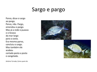 Sargo e pargo
Parvo, disse o sargo
ao pargo.
Parvo, não. Pargo,
emendou o pargo.
Mas já a rede o puxava
e o levava
do mar largo
para a costa.
Era mesmo parvo,
concluiu o sargo.
Mas também ele
acabou
cortado posta a posta
e congelado.

António Torrado, Como quem diz
 