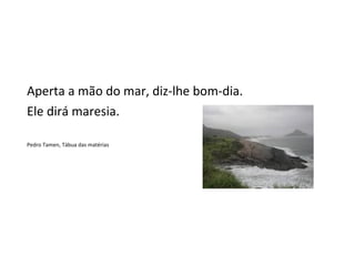 Aperta a mão do mar, diz-lhe bom-dia.
Ele dirá maresia.

Pedro Tamen, Tábua das matérias
 