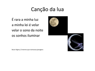 Canção da lua
É rara a minha luz
a minha lei é velar
velar o sono da noite
os sonhos iluminar


Nuno Higino, O menino que namorava paisagens
 