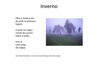 Inverno

Olho a medo o céu
de onde os pássaros
fugiam

e onde um negro
manto de nuvens
cobre a tarde:

vem aí
uma carga
de mágoa.


João Pedro Mésseder e Francisco Duarte Mangas, Breviário da água
 