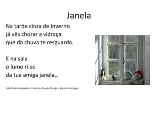 Janela
Na tarde cinza de Inverno
já vês chorar a vidraça
que da chuva te resguarda.

E na sala
o lume ri-se
da tua amiga janela…

João Pedro Mésseder e Francisco Duarte Mangas, Breviário da água
 
