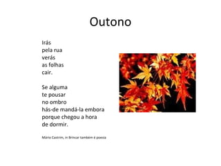 Outono
Irás
pela rua
verás
as folhas
cair.

Se alguma
te pousar
no ombro
hás-de mandá-la embora
porque chegou a hora
de dormir.

Mário Castrim, in Brincar também é poesia
 