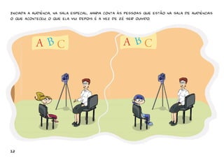 Iniciada a audiência, na sala especial, Maria conta às pessoas que estão na sala de audiências 
o que aconteceu, o que ela viu. Depois é a vez de Zé ser ouvido. 
12 
 
