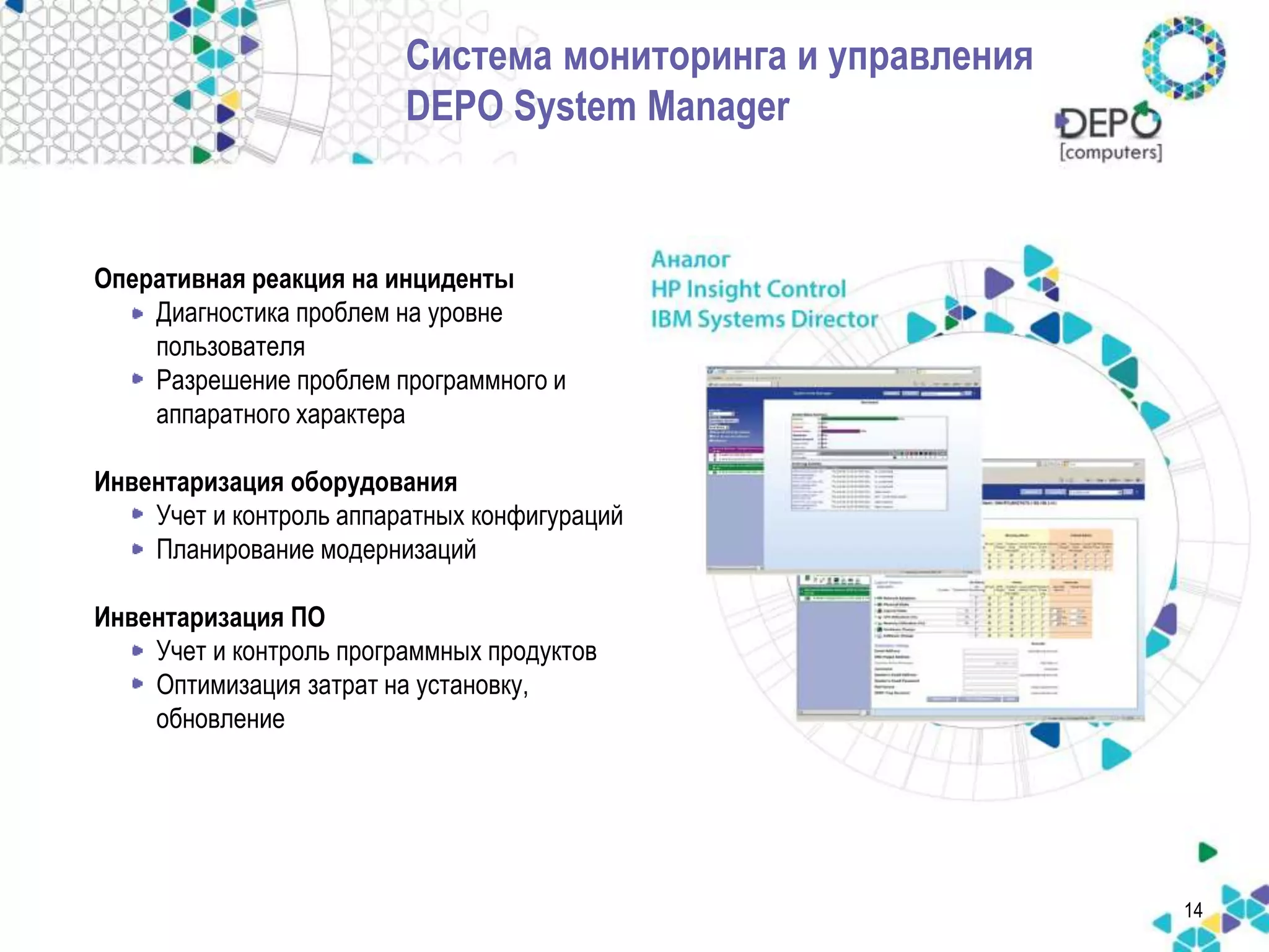 14 
Система мониторинга и управления 
DEPO System Manager 
Оперативная реакция на инциденты 
• Диагностика проблем на уровне 
пользователя 
• Разрешение проблем программного и 
аппаратного характера 
Инвентаризация оборудования 
• Учет и контроль аппаратных конфигураций 
• Планирование модернизаций 
Инвентаризация ПО 
• Учет и контроль программных продуктов 
• Оптимизация затрат на установку, 
обновление 
 