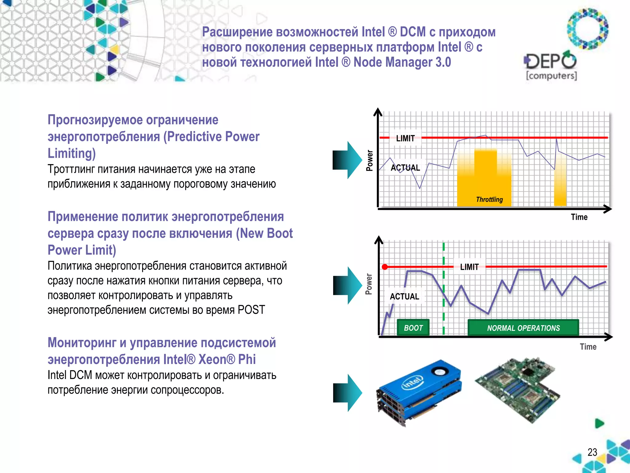 23 
Расширение возможностей Intel ® DCM с приходом 
нового поколения серверных платформ Intel ® с 
новой технологией Intel ® Node Manager 3.0 
Прогнозируемое ограничение 
энергопотребления (Predictive Power 
Limiting) 
Троттлинг питания начинается уже на этапе 
приближения к заданному пороговому значению 
Применение политик энергопотребления 
сервера сразу после включения (New Boot 
Power Limit) 
Политика энергопотребления становится активной 
сразу после нажатия кнопки питания сервера, что 
позволяет контролировать и управлять 
энергопотреблением системы во время POST 
Мониторинг и управление подсистемой 
энергопотребления Intel® Xeon® Phi 
Intel DCM может контролировать и ограничивать 
потребление энергии сопроцессоров. 
Power 
LIMIT 
Throttling 
ACTUAL 
Time 
Power 
Time 
LIMIT 
ACTUAL 
BOOT NORMAL OPERATIONS 
 