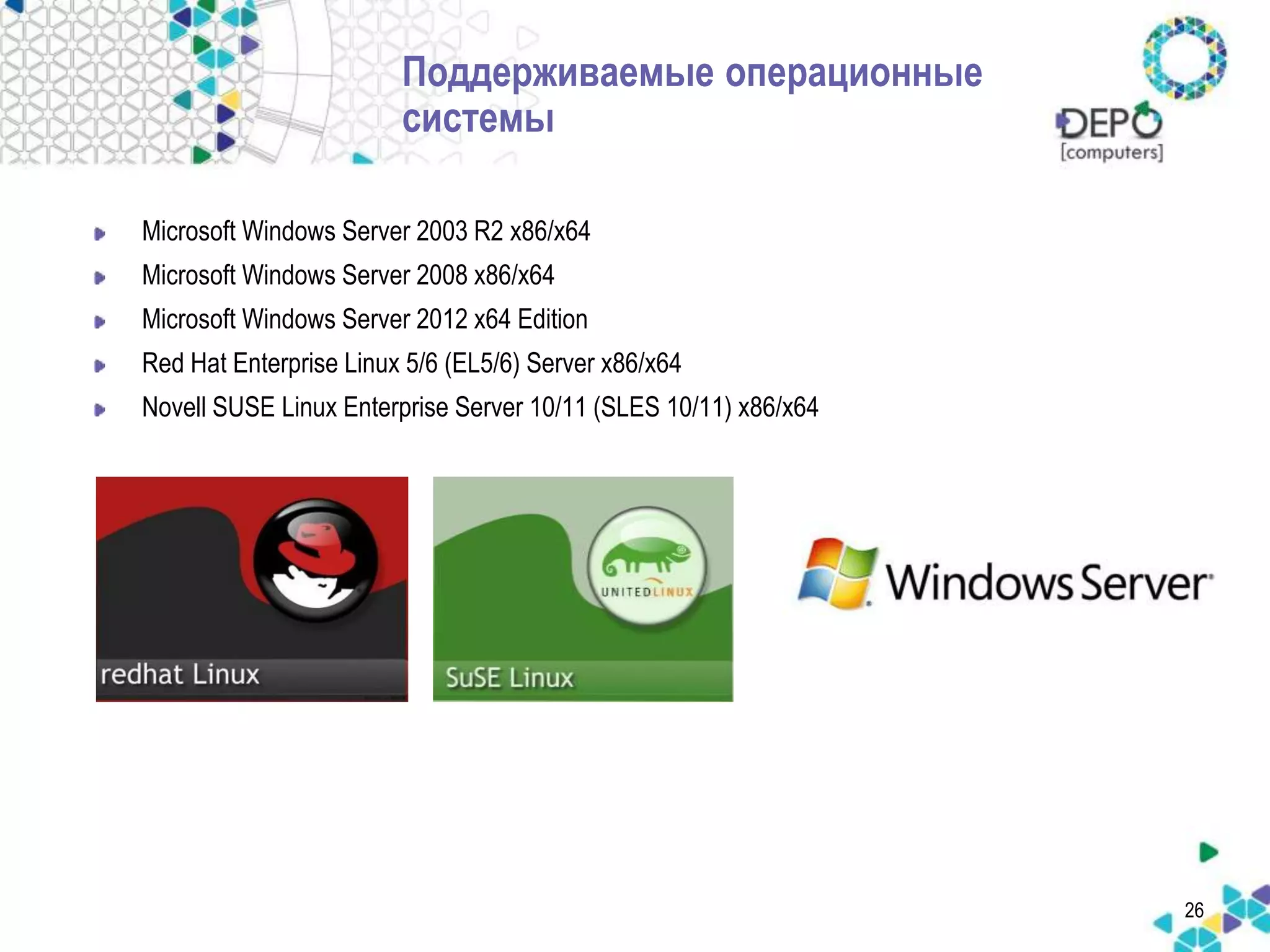 26 
Поддерживаемые операционные 
системы 
Microsoft Windows Server 2003 R2 x86/x64 
Microsoft Windows Server 2008 x86/x64 
Microsoft Windows Server 2012 x64 Edition 
Red Hat Enterprise Linux 5/6 (EL5/6) Server x86/x64 
Novell SUSE Linux Enterprise Server 10/11 (SLES 10/11) x86/x64 
 