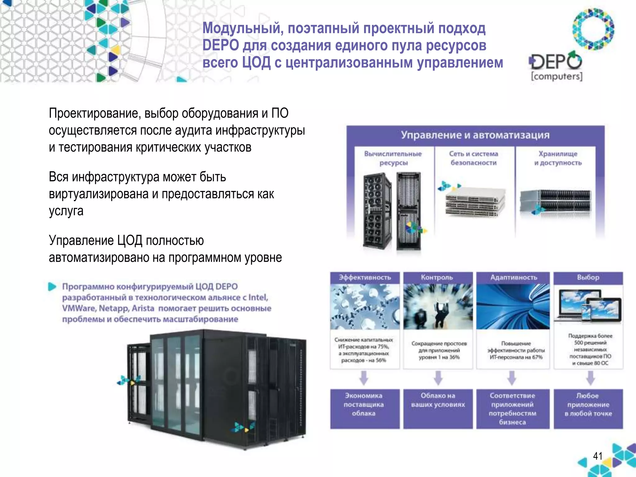 41 
Модульный, поэтапный проектный подход 
DEPO для создания единого пула ресурсов 
всего ЦОД с централизованным управлением 
Проектирование, выбор оборудования и ПО 
осуществляется после аудита инфраструктуры 
и тестирования критических участков 
Вся инфраструктура может быть 
виртуализирована и предоставляться как 
услуга 
Управление ЦОД полностью 
автоматизировано на программном уровне 
 