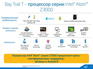 15
Bay Trail T – процессор серии Intel® Atom™
Z3000
*1 Compared to previous generation Intel® Atom™ Processor
*2 Windows only
Thin and light with long
battery life
McAfee
DeepSafe
Ready*2
NFC
eCommerce
Intel® Identity
Protection
Technology
Intel® Platform Trust
Technology*3
AES-NI,
Secure Key
TCO
Benefit*2
Choice of OEM and Screen Size
Dual
Independent
Display
Wireless
Display
~2X performance*1
(4 Core w/ Intel® Burst
Technology)
>3x faster
graphics*1 (Intel®
HD Graphics)
Vibrant Displays
(up to
2560x1600)
Универсальная
мобильность
Комфорт и произво-
дительность
Безопасность
Процессор Intel® Atom™ серии Z3000 предлагает кросс-
платформенную поддержку -
Windows и Android !!!
 