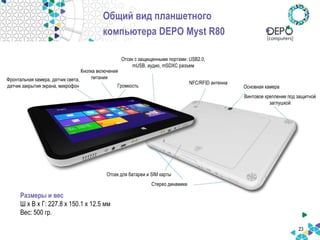 23
Фронтальная камера, датчик света,
датчик закрытия экрана, микрофон
Кнопка включения
питания
Громкость
Отсек с защищенными портами: USB2.0,
mUSB, аудио, mSDXC разъем
NFC/RFID антенна
Основная камера
Винтовое крепление под защитной
заглушкой
Отсек для батареи и SIM карты
Стерео динамики
Общий вид планшетного
компьютера DEPO Myst R80
Размеры и вес
Ш х В х Г: 227.8 x 150.1 x 12.5 мм
Вес: 500 гр.
 