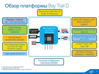 Обзор платформы Bay Trail D
45
Pentium / Celeron
QC1 / DC SoC (22nm)
Integrated USB 3.0 and
USB 2.0
High Speed SATA 2.0
Intel® HD Graphics with
4EUs and DX11
support
4 lanes PCI Express 2.0
at 5 GT/s
Lower Power SoC
10W TDP
OS Port of Choice
Windows* / Android3
Dual Channel
DDR3L 1333 /
1066MHz
Dual independent display
up to 25x162 high
resolution support SMBus
LPC
SPI
Audio
10/100/1000
LAN PHY
2.0
2.0
Bay Trail-D SoC
25 X 27mm
BGA package 3.0
2.0
1. Опции доступны не во всех версиях процессоров
2. Разрешение ограничено 2500x1400
3. Внедрение системыAndroid планируется в первом полугодии 2014.
Улучшения в сравнении с
Intel Atom D2000
Silvermont with Out-of-
Order Architecture
Full hardware
acceleration decode
 