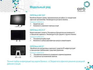 Модельный ряд
DEPO Neos AIO 18,5”
Моноблоки базового уровня, предназначенные для работы со стандартными
офисными приложениями. Рекомендуются для малого бизнеса.
Основные особенности
 Бюджетная цена.
 Возможность изменения отдельных опций
54
DEPO Neos AIO 21,5”
Модели массового сегмента. Расширенные функциональные возможности
и повышенная надежность. Рекомендуются для среднего и крупного бизнеса.
Основные особенности
 Расширенный выбор опций
 Возможность выбора форм-фактора корпуса в каждой модели
DEPO Neos AIO 23”
Моноблоки для корпоративных заказчиков с развитой ИТ-инфраструктурой
и повышенными требованиями к средствам управления.
Основные особенности
 Расширенные возможности управления и администрирования
 Улучшенные эргономические свойства
Точный подбор конфигураций под задачи бизнеса - от бюджетного офисного решения до мощной
рабочей станции.
 