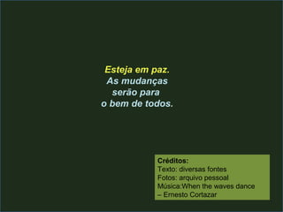 Esteja em paz.
 As mudanças
  serão para
o bem de todos.




           Créditos:
           Texto: diversas fontes
           Fotos: arquivo pessoal
           Música:When the waves dance
           – Ernesto Cortazar
 