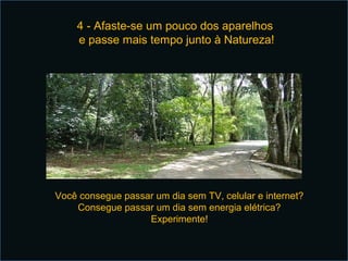 4 - Afaste-se um pouco dos aparelhos
    e passe mais tempo junto à Natureza!




Você consegue passar um dia sem TV, celular e internet?
    Consegue passar um dia sem energia elétrica?
                   Experimente!
 