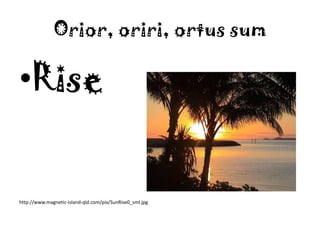 Orior, oriri, ortus sumRisehttp://www.magnetic-island-qld.com/pix/SunRise0_sml.jpg