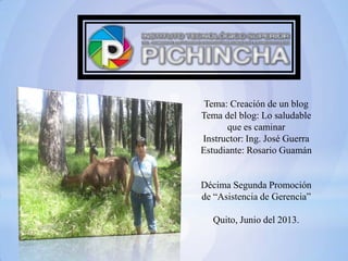 Tema: Creación de un blog
Tema del blog: Lo saludable
que es caminar
Instructor: Ing. José Guerra
Estudiante: Rosario Guamán
Décima Segunda Promoción
de “Asistencia de Gerencia”
Quito, Junio del 2013.
 