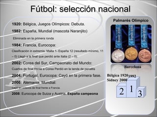 Bélgica 1920
Sídney 2000
2
Barcelona
1992
3
1
Fútbol: selección nacionalFútbol: selección nacional
Palmarés Olímpico
1920: Bélgica, Juegos Olímpicos: Debuta.
1982: España, Mundial (mascota Naranjito)
Eliminada en la primera ronda
1984: Francia, Eurocopa:
Clasificación in extremis: Malta 1- España 12 (resultado mínimo, 11
– 0) Llegó a la final que perdió ante Italia (2 – 0).
2002: Corea del Sur, Campeonato del Mundo:
Cuartos de final frente a Corea Perdió en la tanda de penaltis
2004: Portugal, Eurocopa: Cayó en la primera fase.
2006: Alemania, Mundial:
Cayó en octavos de final frente a Francia.
2008: Eurocopa de Suiza y Austria. España campeona
 