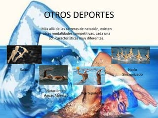 OTROS DEPORTES
         Más allá de las carreras de natación, existen
         otras modalidades competitivas, cada una
             con características muy diferentes.




Saltos                                                       Nado
                                                         Sincronizado



           Natación en
                                  Wartepolo
          Aguas Abiertas
 