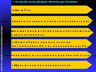 1.- En relación con los principales elementos que intervienen:       a) Un móvil b) Un terreno de juego, donde se desarrolla el juego. c) Una meta que atacar para conseguir punto,  o para defenderla d) Compañeros que nos ayudan  en la progresión o el avance del balón. e) Adversarios, a los que hay que vencer o superar. f) Reglas que hay que respetar  ASPECTOS COMUNES DE LOS DEPORTES COLECTIVOS  