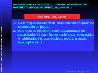 Mecanismo de Ejecución D a la respuesta motriz de cómo hacerlo, resolviendo la situación de juego.  Para esto es necesario tener desarrolladas las capacidades físicas (fuerza, resistencia, velocidad...) y habilidades técnicas (golpeo, regate, entrada, interceptación...). MECANISMOS NECESARIOS PARA EL LOGRO DE UNA HABILIDAD EN DEPORTES DE ASOCIACION (FUTBOL, BALONMANO,...) MECANISMO  DE EJECUCION ASPECTOS COMUNES DE LOS DEPORTES COLECTIVOS  