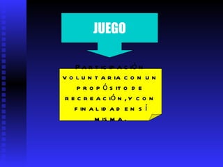 JUEGO Participación voluntaria con un propósito de recreación, y con finalidad en sí misma. 