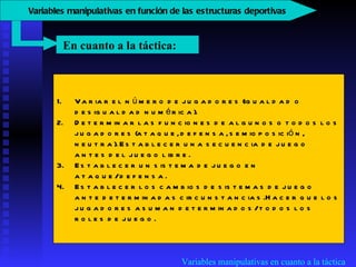 Variables manipulativas en cuanto a la táctica Variar el número de jugadores (igualdad o desigualdad numérica).  Determinar las funciones de algunos o todos los jugadores (ataque, defensa, semioposición, neutra). Establecer una secuencia de juego antes del juego libre.  Establecer un sistema de juego en ataque/defensa.  Establecer los cambios de sistemas de juego ante determinadas circunstancias.Hacer que los jugadores asuman determinados/todos los roles de juego.  En cuanto a la táctica:  V ariables manipulativas en función de las estructuras deportivas   