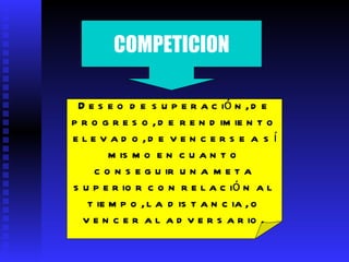 COMPETICION Deseo de superación, de progreso, de rendimiento elevado, de vencerse a sí mismo en cuanto conseguir una meta superior con relación al tiempo, la distancia, o vencer al adversario.   
