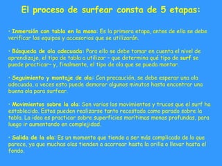 El proceso de surfear consta de 5 etapas:

• Inmersión con tabla en la mano: Es la primera etapa, antes de ella se debe
verificar los equipos y accesorios que se utilizarán.

• Búsqueda de ola adecuada: Para ello se debe tomar en cuenta el nivel de
aprendizaje, el tipo de tabla a utilizar – que determina qué tipo de surf se
puede practicar– y, finalmente, el tipo de ola que se pueda montar.

• Seguimiento y montaje de ola: Con precaución, se debe esperar una ola
adecuada, a veces esto puede demorar algunos minutos hasta encontrar una
buena ola para surfear.

• Movimientos sobre la ola: Son varios los movimientos y trucos que el surf ha
establecido. Estos pueden realizarse tanto recostado como parado sobre la
tabla. La idea es practicar sobre superficies marítimas menos profundas, para
luego ir aumentando en complejidad.

• Salida de la ola: Es un momento que tiende a ser más complicado de lo que
parece, ya que muchas olas tienden a acarrear hasta la orilla o llevar hasta el
fondo.
 