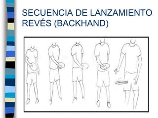Si el disco toca algún elemento de fuera del campo.LANZAMIENTOS Y RECEPCIONESLANZAMIENTOS:De Revés (Backhand)De Flick (Forehand)RECEPCIONES:A dos manos (Sándwich)