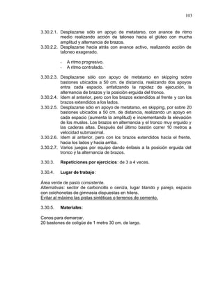 103


3.30.2.1. Desplazarse sólo en apoyo de metatarso, con avance de ritmo
          medio realizando acción de taloneo hacia el glúteo con mucha
          amplitud y alternancia de brazos.
3.30.2.2. Desplazarse hacia atrás con avance activo, realizando acción de
          taloneo exagerado.

          -   A ritmo progresivo.
          -   A ritmo controlado.

3.30.2.3. Desplazarse sólo con apoyo de metatarso en skipping sobre
          bastones ubicados a 50 cm. de distancia, realizando dos apoyos
          entra cada espacio, enfatizando la rapidez de ejecución, la
          alternancia de brazos y la posición erguida del tronco.
3.30.2.4. Idem al anterior, pero con los brazos extendidos al frente y con los
          brazos extendidos a los lados.
3.30.2.5. Desplazarse sólo en apoyo de metatarso, en skipping, por sobre 20
          bastones ubicados a 50 cm. de distancia, realizando un apoyo en
          cada espacio (aumenta la amplitud) e incrementando la elevación
          de los muslos. Los brazos en alternancia y el tronco muy erguido y
          las caderas altas. Después del último bastón correr 10 metros a
          velocidad submaximal.
3.30.2.6. Idem al anterior, pero con los brazos extendidos hacia el frente,
          hacia los lados y hacia arriba.
3.30.2.7. Varios juegos por equipo dando énfasis a la posición erguida del
          tronco y la alternancia de brazos.

3.30.3.   Repeticiones por ejercicios: de 3 a 4 veces.

3.30.4.   Lugar de trabajo:

Área verde de pasto consistente.
Alternativas: sector de carboncillo o ceniza, lugar blando y parejo, espacio
con colchonetas de gimnasia dispuestas en hilera.
Evitar al máximo las pistas sintéticas o terrenos de cemento.

3.30.5.   Materiales:

Conos para demarcar.
20 bastones de coligüe de 1 metro 30 cm. de largo.
 