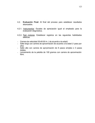123




4.2.   Evaluación Final: Al final del proceso para establecer resultados
       alcanzados.

4.2.1. Instrumentos: Escalas de apreciación igual al empleado para la
       evaluación diagnóstica.

4.2.2. Test motores: Establecer registros en las siguientes habilidades
       atléticas:

-   Carrera de velocidad 30-40-50 m. ( de acuerdo a la edad)
-   Salto largo con carrera de aproximación de acuerdo a la edad (1 paso por
    año)
-   Salto alto con carrera de aproximación de 6 pasos simples o 3 pasos
    dobles.
-   Lanzamiento de la pelotita de 100 gramos con carrera de aproximación
    libre.
 