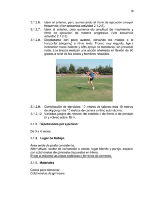 16


3.1.2.6.   Idem al anterior, pero aumentando el ritmo de ejecución (mayor
           frecuencia) (Ver secuencia actividad 2.1.2.5).
3.1.2.7.   Idem al anterior, pero aumenta ndo amplitud de movimiento y
           ritmo de ejecución de manera progresiva. (Ver secuencia
           actividad 2.1.2.5)
3.1.2.8.   Desplazarse con poco avance, elevando los muslos a la
           horizontal (skipping) a ritmo lento. Tronco muy erguido, ligera
           inclinación hacia delante y sólo apoyo de metatarso, sin provocar
           ruido. Los brazos realizan una acción alternada en flexión de 90
           grados a nivel de los codos y hombros relajados.




3.1.2.9.  Combinación de ejercicios: 10 metros de taloneo más 10 metros
          de skipping más 10 metros de carrera a ritmo submáximo.
3.1.2.10. Variados juegos de relevos: de estafeta o de frente o de péndulo
          (ir y volver) sobre 15 m.

3.1.3. Repeticiones por ejercicio:

De 3 a 4 veces.

3.1.4. Lugar de trabajo.

Área verde de pasto consistente.
Alternativas: sector de carboncillo o ceniza, lugar blando y parejo, espacio
con colchonetas de gimnasia dispuestas en hilera.
Evitar al máximo las pistas sintéticas o terrenos de cemento.

3.1.5. Materiales

Conos para demarcar.
Colchonetas de gimnasia.
 