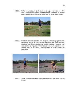 19


3.2.2.2.   Saltar en un solo pié (pata coja) en el lugar y avanzando sobre
           aros, cambiando la pierna cada tres saltos, utilizando un terreno
           blando y plano (césped, tierra, arena, etc.) o sobre colchonetas.




3.2.2.2.   Desde la posición parado, con los pies paralelos y ligeramente
           separados (ancho de los hombros), saltar hacia el foso de arena,
           mediante una flexo -extensión de tobillos, rodillas y caderas, con
           oscilaciones e impulso simultaneo de brazos, recepciones con
           ambos pies en la arena, amortiguando la caída (todas las
           sesiones).




3.2.2.3.   Saltar a pies juntos desde plano elevados para caer en el foso de
           arena.
 