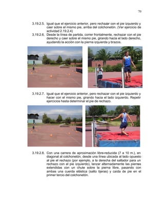 70


3.19.2.5. Igual que el ejercicio anterior, pero rechazar con el pie izquierdo y
          caer sobre el mismo pie, arriba del colchonetón. (Ver ejercicio de
          actividad 2.19.2.4)
3.19.2.6. Desde la línea de partida, correr frontalmente, rechazar con el pie
          derecho y caer sobre el mismo pie, girando hacia el lado derecho,
          ayudando la acción con la pierna izquierda y brazos.




3.19.2.7. Igual que el ejercicio anterior, pero rechazar con el pie izquierdo y
          hacer con el mismo pie, girando hacia el lado izquierdo. Repetir
          ejercicios hasta determinar el pie de rechazo.




3.19.2.8. Con una carrera de aproximación libre-reducida (7 a 10 m.), en
          diagonal al colchonetón, desde una línea ubicada al lado opuesto
          al pie el rechazo (por ejemplo, a la derecha del saltador para un
          rechazo con el pie izquierdo), lanzar alternadamente las piernas
          extendidas con un chute sobre la pierna libre, pasando con
          ambas una cuerda elástica (salto tijeras) y caída de pie en el
          primer tercio del colchonetón.
 