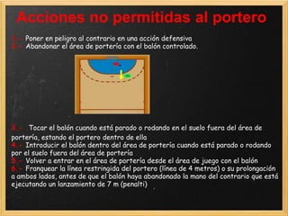 Acciones no permitidas al portero
1.- Poner en peligro al contrario en una acción defensiva
2.- Abandonar el área de portería con el balón controlado.




3.- Tocar el balón cuando está parado o rodando en el suelo fuera del área de
portería, estando el portero dentro de ella
4.- Introducir el balón dentro del área de portería cuando está parado o rodando
por el suelo fuera del área de portería
5.- Volver a entrar en el área de portería desde el área de juego con el balón
6.- Franquear la línea restringida del portero (línea de 4 metros) o su prolongación
a ambos lados, antes de que el balón haya abandonado la mano del contrario que está
ejecutando un lanzamiento de 7 m (penalti)
 