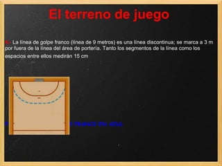 El terreno de juego
4.- La línea de golpe franco (línea de 9 metros) es una línea discontinua; se marca a 3 m
por fuera de la línea del área de portería. Tanto los segmentos de la línea como los
espacios entre ellos medirán 15 cm




FIGURA 3: LÍNEA GOLPE FRANCO EN AZUL
 