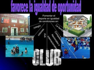 favorece la igualdad de oportunidad Fomentar el deporte en igualdad de condiciones en: colegio colonias club Competencias Nacionales o internacionales La familia 