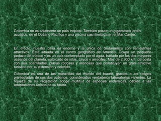 Colombia no es solamente un país tropical. También posee un gigantesco jardín acuático, en el Océano Pacífico y una piscina casi ilimitada en el Mar Caribe. En efecto, nuestra casa es enorme y la única de Sudamérica con semejantes atractivos. Está situada en el centro geográfico de América. Ocupa un pequeño pedazo del trópico y es un país contemplado por el agua, bañado por los dos mayores océanos del planeta, salpicado de islas, cayos y arrecifes. Más de 2.900 km. de costa con sus acantilados, playas rocosas y arenosas que constituyen un gran atractivo turístico por su extensión y colorido. Colombia es una de las maravillas del mundo del buceo, gracias a los rasgos privilegiados de sus dos océanos, considerados verdaderos laboratorios vivientes. La riqueza de su vegetación acoge multitud de especies endémicas, debido a las adaptaciones únicas de su fauna. 