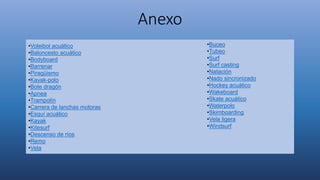 Anexo
•Voleibol acuático
•Baloncesto acuático
•Bodyboard
•Barrenar
•Piragüismo
•Kayak-polo
•Bote dragón
•Apnea
•Trampolín
•Carrera de lanchas motoras
•Esquí acuático
•Kayak
•Kitesurf
•Descenso de ríos
•Remo
•Vela
•Buceo
•Tubeo
•Surf
•Surf casting
•Natación
•Nado sincronizado
•Hockey acuático
•Wakeboard
•Skate acuático
•Waterpolo
•Skimboarding
•Vela ligera
•Windsurf
 