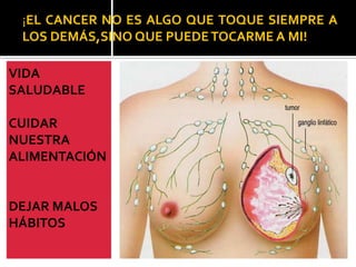 ¡EL CANCER NO ES ALGO QUE TOQUE SIEMPRE A
 LOS DEMÁS,SINO QUE PUEDE TOCARME A MI!

VIDA
SALUDABLE

CUIDAR
NUESTRA
ALIMENTACIÓN


DEJAR MALOS
HÁBITOS
 