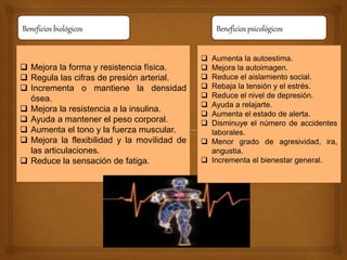 Beneficios biológicos Beneficios psicológicos
 Mejora la forma y resistencia física.
 Regula las cifras de presión arterial.
 Incrementa o mantiene la densidad
ósea.
 Mejora la resistencia a la insulina.
 Ayuda a mantener el peso corporal.
 Aumenta el tono y la fuerza muscular.
 Mejora la flexibilidad y la movilidad de
las articulaciones.
 Reduce la sensación de fatiga.
 Aumenta la autoestima.
 Mejora la autoimagen.
 Reduce el aislamiento social.
 Rebaja la tensión y el estrés.
 Reduce el nivel de depresión.
 Ayuda a relajarte.
 Aumenta el estado de alerta.
 Disminuye el número de accidentes
laborales.
 Menor grado de agresividad, ira,
angustia.
 Incrementa el bienestar general.
 