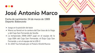 José Antonio Marco
Fecha de nacimiento: 24 de marzo de 1989
Deporte: Baloncesto
Juega en la posición de base
Marco se form...
