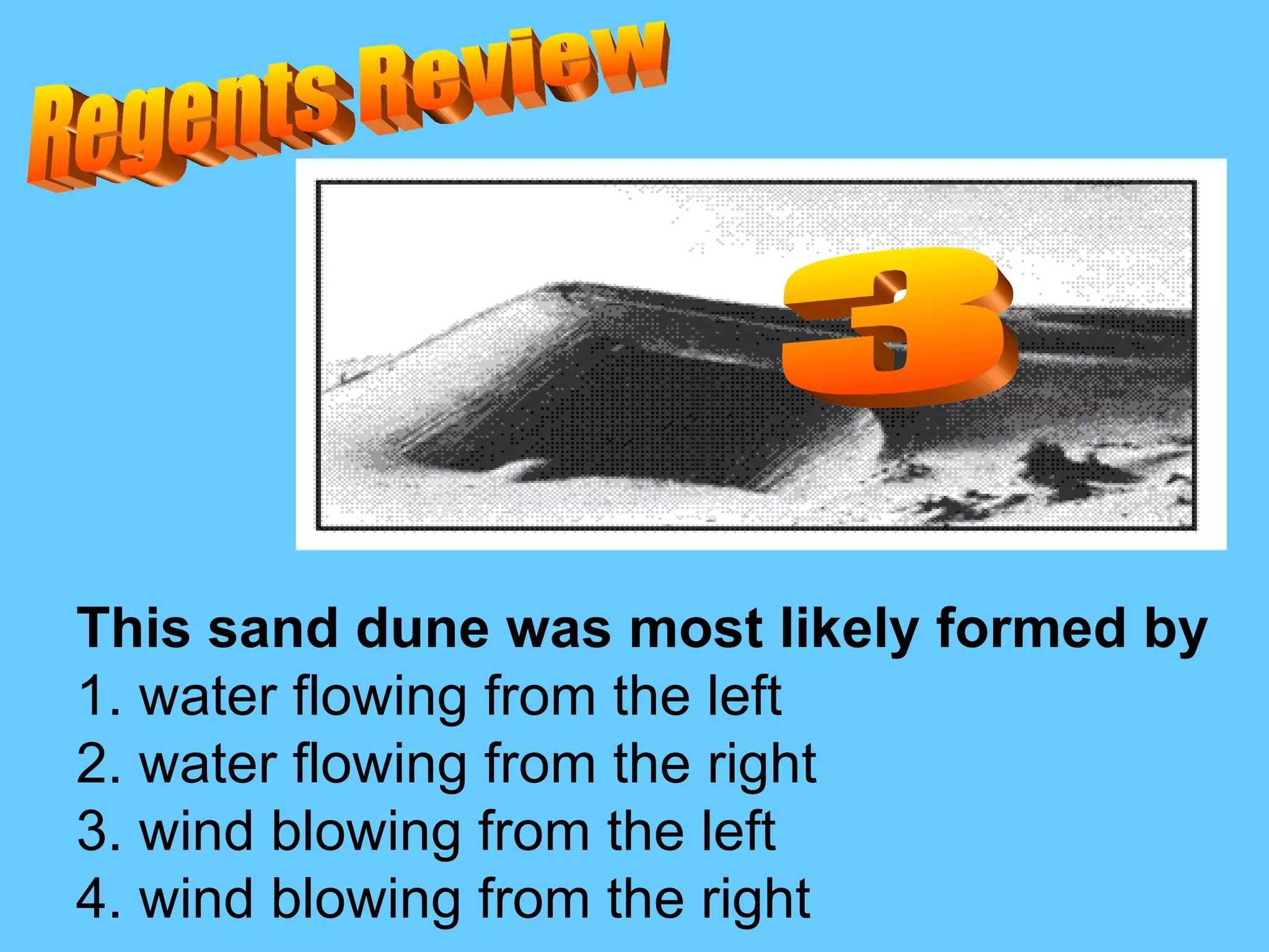 Regents Review This sand dune was most likely formed by 1. water flowing from the left  2. water flowing from the right  3. wind blowing from the left  4. wind blowing from the right  3 